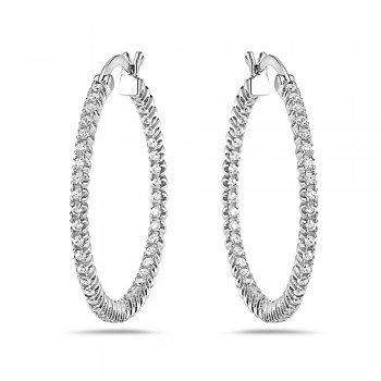 Sterling Silver Earring 32mm Half Clear Cubic Zirconia Hoop with Latch Back