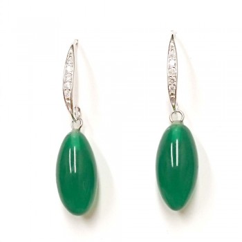 SS Earring Oval Green Jade Drop With Clear Cz Fish, Multicolor
