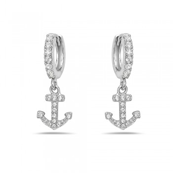 Sterling Silver Earring Clear Cubic Zirconia Dangling Anchor with Huggy Top