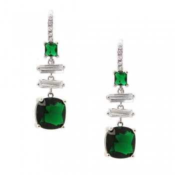 SS Earring Square Emerald Cz, 2 Clear Cz Baguette, Clear