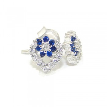 Sterling Silver Earring Open Clear Cubic Zirconia Heart with Blue Cubic Zirconia Flower