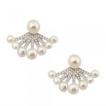 Sterling Silver Earring Fresh Water Pearl with Clear Cubic Zirconia