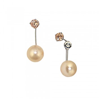 Sterling Silver Earring 6mm+12mm Champagne Cubic Zirconia Peach Faux Pearl