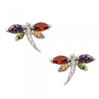 SS Earring Gn+Ch+Ame+Ov W/ Clear Cz Dragonfly Stud, Multicolor