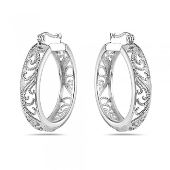 Sterling Silver Earring Open Circle Filigree Hoop Latch Back