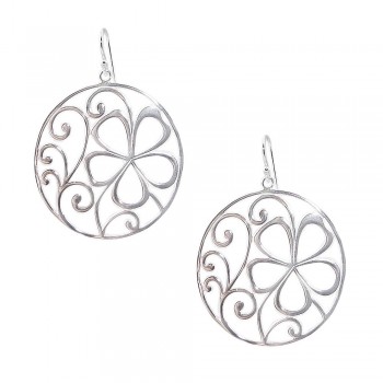 SS Earring 38Mm Open Circle With Flower And Swirl, Silver