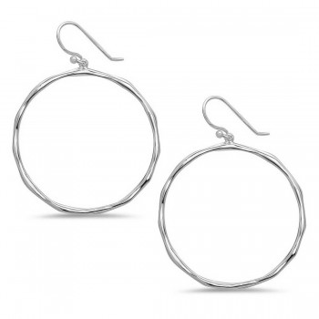 Sterling Silver Earring 36mm Dangling Open Hammered Circle