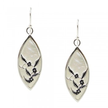 STERLING SILVER EARRING MARQUISE MOP WITH OXIDIZED FLOWER