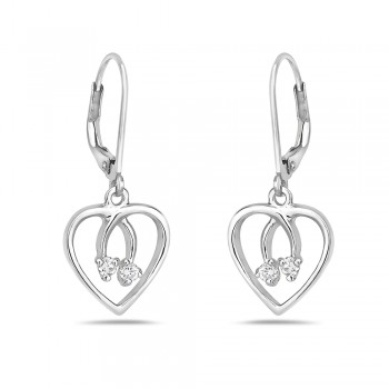 STERLING SILVER EARRING OPEN HEART WITH 2 ROUND CLEAR CUBIC ZIRCONIA MIDDL