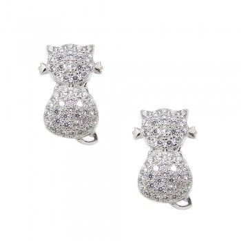 STERLING SILVER EARRING CLEAR CUBIC ZIRCONIA PAVE CAT STUD