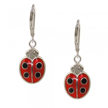STERLING SILVER EARRING RED & BLACK EPOXY WITH CLEAR CUBIC ZIRCONIA LADYBUG