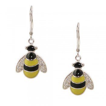 STERLING SILVER EARRING BLACK & YELLOW EPOXY WITH CLEAR CUBIC ZIRCONIA BEE