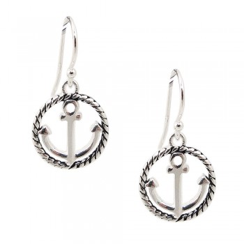 STERLING SILVER EARRING OXIDIZED ROUND ROPE WITH PLAIN ANCHOR