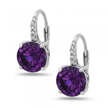 STERLING SILVER EARRING 8MM AMETHYST CUBIC ZIRCONIA ON CUBIC ZIRCONIA LEVER BACK