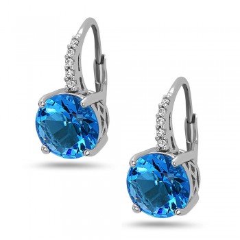 STERLING SILVER EARRING 8MM BLUE#108G ON CUBIC ZIRCONIA LEVER BACK