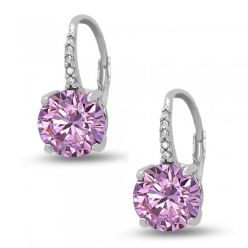 STERLING SILVER EARRING 8MM PINK CUBIC ZIRCONIA ON CUBIC ZIRCONIA LEVER BACK