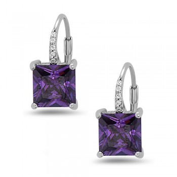 STERLING SILVER EARRING 8X8MM SQUARE AMETHYST CUBIC ZIRCONIA ON CUBIC ZIRCONIA LEVER BA