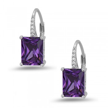 STERLING SILVER EARRING 9X7MM RECTANGLE AMETHYST CUBIC ZIRCONIA ON LEVER BA
