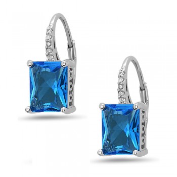 STERLING SILVER EARRING 9X7MM RECTANGLE BLUE#108 ON LEVER BACK