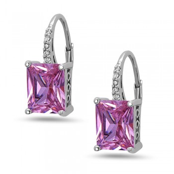 STERLING SILVER EARRING 9X7MM RECTANGLE PIINK CUBIC ZIRCONIA ON LEVER BACK