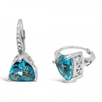 STERLING SILVER EARRING AQUA GLASS TRILLION ON CUBIC ZIRCONIA LEVER BACK