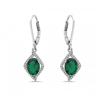 Sterling Silver Earring Rhombus Emerald Green Glass Dangling