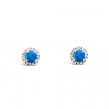STERLING SILVER EARRING STUD WHITE SYNETHETIC BLUE OPAL ROUND