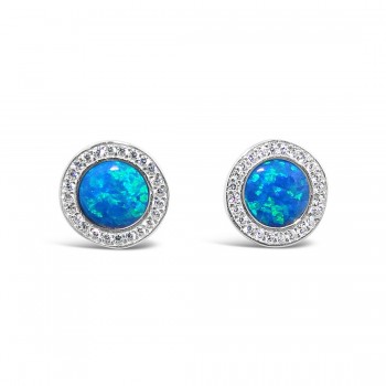 STERLING SILVER EARRING BUTTON BLUE SYNETHTIC OPAL ROUND