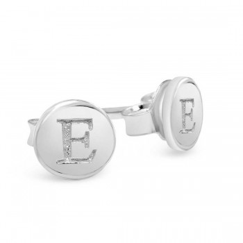 STERLING SILVER EARRING STUD ROUND INITIAL E CARVED 6