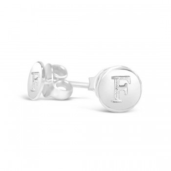 Sterling Silver Earring Stud Round Initial F Carved