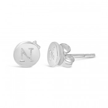 STERLING SILVER EARRING STUD ROUND INITIAL N CARVED