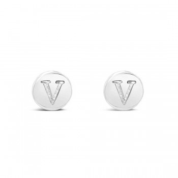 Sterling Silver Earring Stud Round Initial V Carved-Ecoated