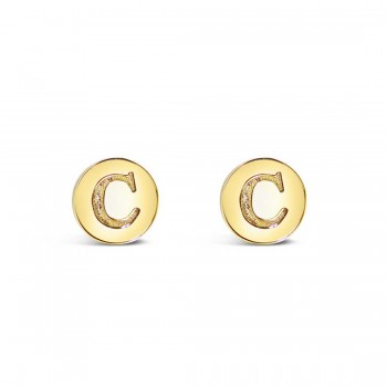 STERLING SILVER EARRING STUD ROUND INITIAL C CARVED-GOLD PLATED 6