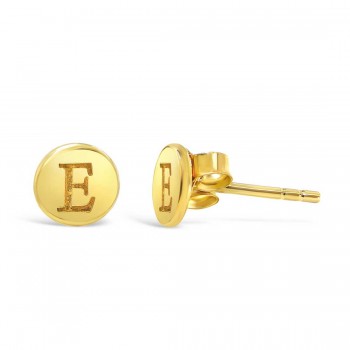 STERLING SILVER EARRING STUD ROUND INITIAL E CARVED-GOLD PLATED 6