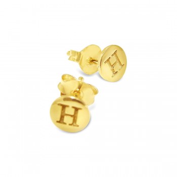 Sterling Silver Earring Stud Round Initial H Carved-Gold Plated