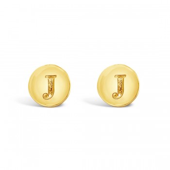 STERLING SILVER EARRING STUD ROUND INITIAL J CARVED-GOLD PLATED 6