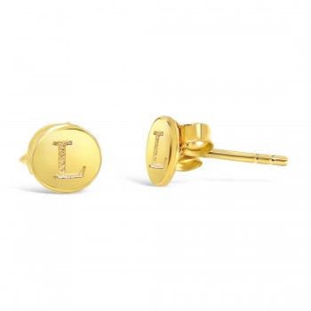 STERLING SILVER EARRING STUD ROUND INITIAL L CARVED-GOLD PLATED 6