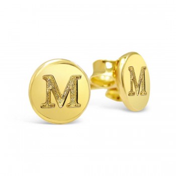 STERLING SILVER EARRING STUD ROUND INITIAL M  CARVED-GOLD PLATE 6