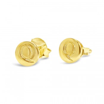 Sterling Silver Earring Stud Round Initial Q Carved-Gold Plated