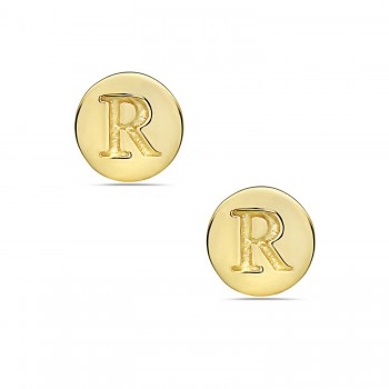 Sterling Silver Earring Stud Round Initial R Carved-Gold Plated