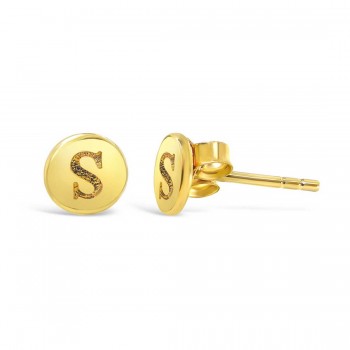 STERLING SILVER EARRING STUD ROUND INITIAL S CARVED-GOLD PLATED