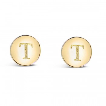 STERLING SILVER EARRING STUD ROUND INITIAL T CARVED-GOLD PLATED 6