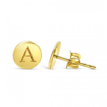 STERLING SILVER EARRING STUD ROUND INITIAL A CARVED-GOLD PLATED