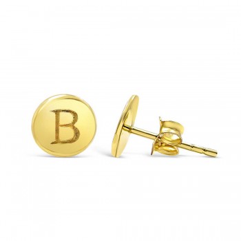 STERLING SILVER EARRING STUD ROUND INITIAL B CARVED-GOLD PLATED