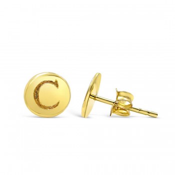 STERLING SILVER EARRING STUD ROUND INITIAL C CARVED-GOLD PLATED