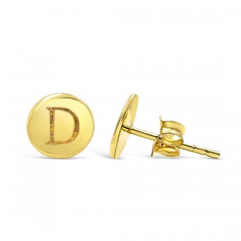 STERLING SILVER EARRING STUD ROUND INITIAL D CARVED-GOLD PLATED