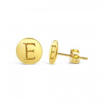 STERLING SILVER EARRING STUD ROUND INITIAL E CARVED-GOLD PLATED