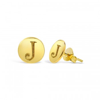 STERLING SILVER EARRING STUD ROUND INITIAL J CARVED-GOLD PLATED