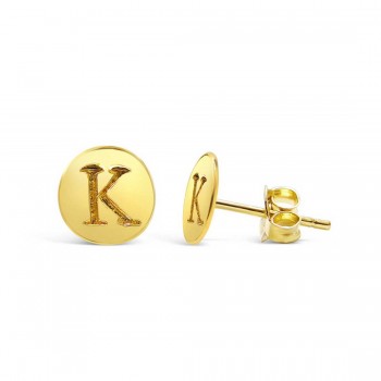 STERLING SILVER EARRING STUD ROUND INITIAL K CARVED-GOLD PLATED
