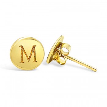 STERLING SILVER EARRING STUD ROUND INITIAL M  CARVED-GOLD PLATE